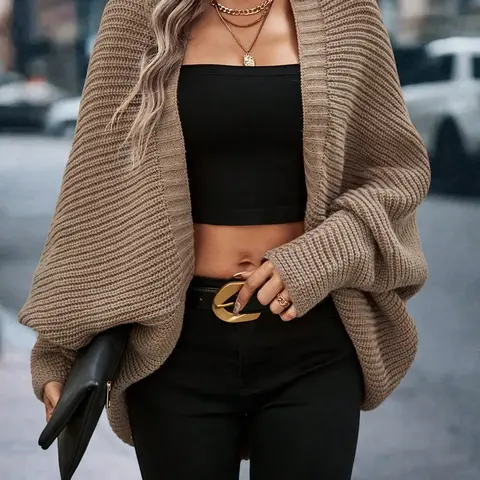 New Fashion Casual Elegant Knitwear Knit Cardigan for Fall & Winter, Holiday Style Solid Color Batwing Sleeve Top for Daily Wear, Women's Sweater