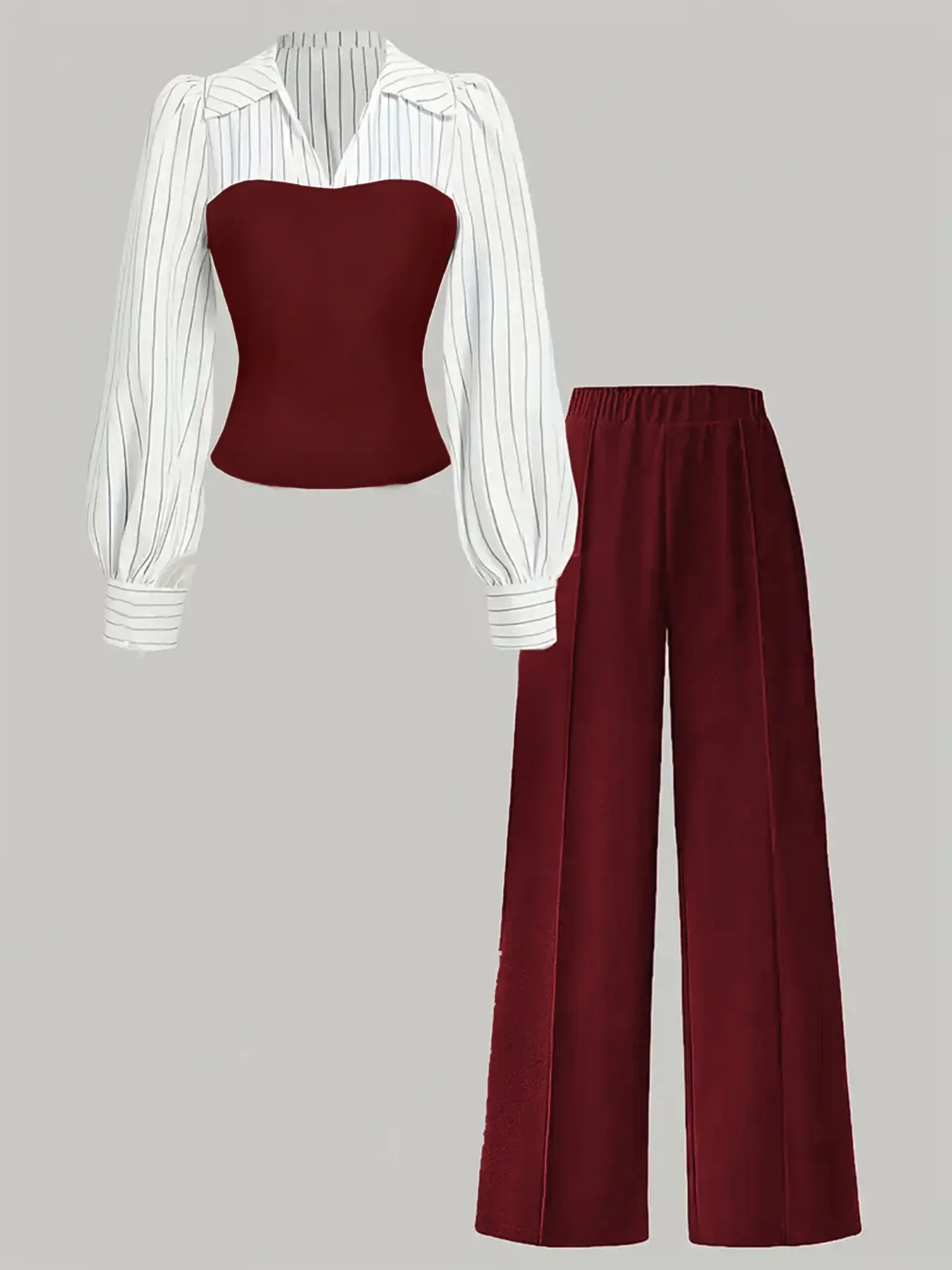 Women's Striped Patchwork Two-Piece Set, Puff Sleeve V Neck Top & Wide Leg Pants, Office Commute or Casual, Striped Clothing Set