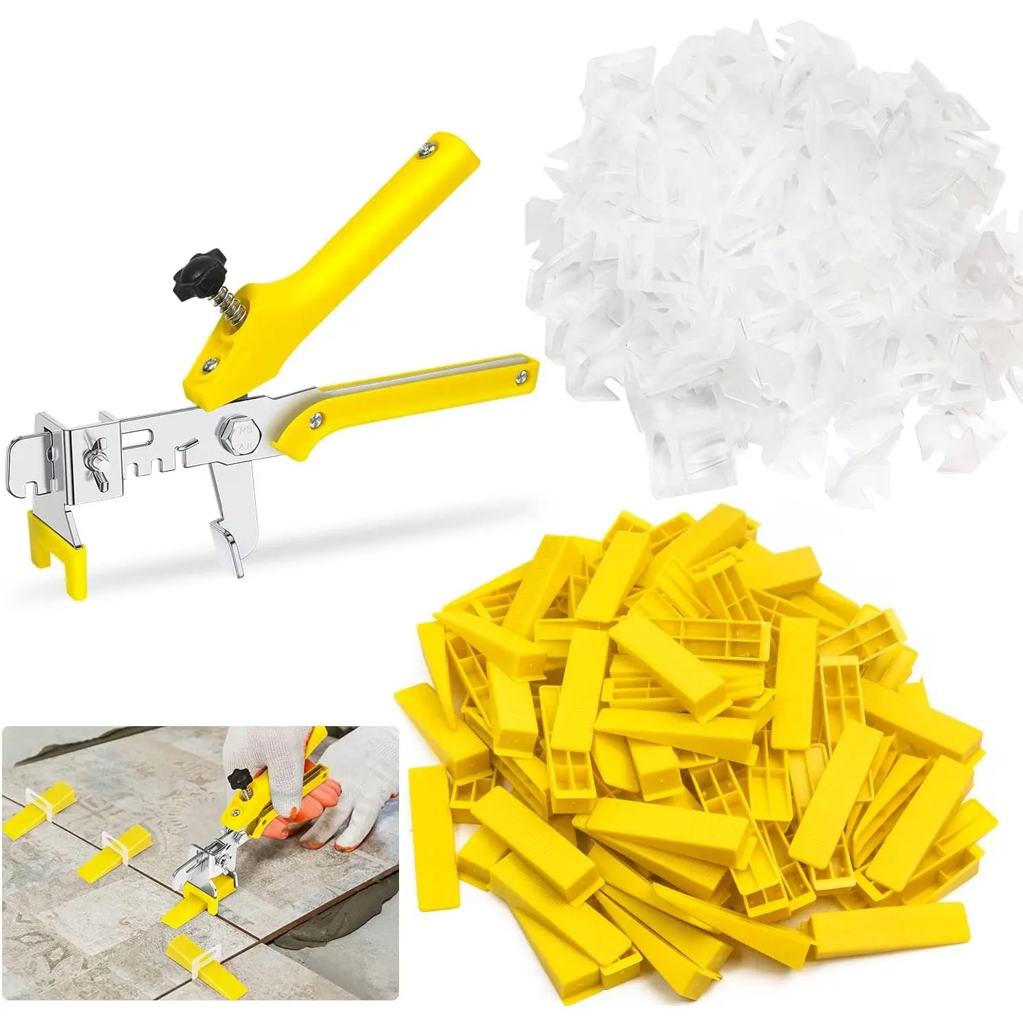 Tile Leveling System 1/8”Kit, 600 count Tile Leveler Spacers Clips+200pcs  Wedges+1pc Tile Pliers for Wall/Floor Tile Adjustment, Tile Leveler Tool Set for Tile & Stone Installation(1/8",Yellow)