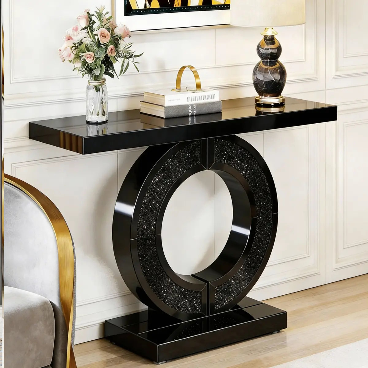 Mirrored Console Table, 42.9" Rectangle Sofa Table with Sparkling Crystal O Shaped Base, Modern Luxury Mirrored Furniture with Diamond Glass Effects for Entryway Hallway Entrance,Black