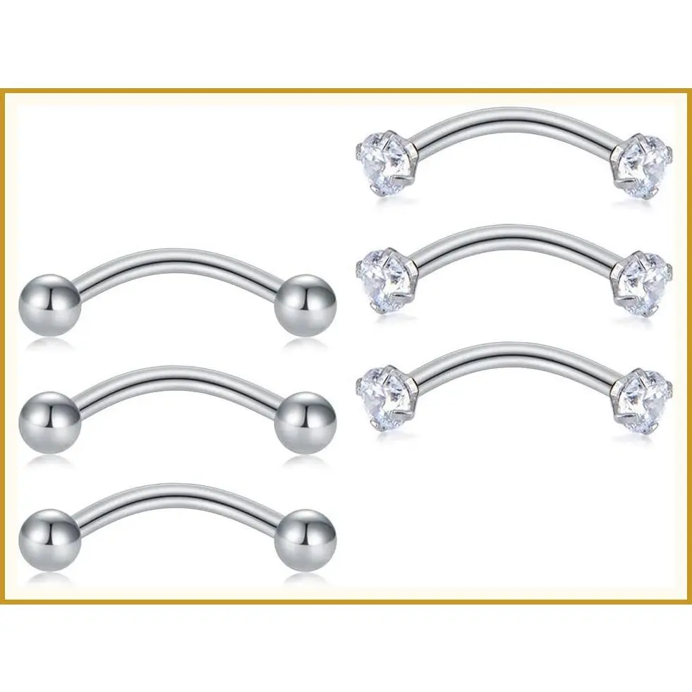 6pcs Stainless Steel Cubic Zirconia Barbell Earrings for Rook Daith Cartilage Tragus Belly Lip Eyebrow Piercing, 8mm (5/16")