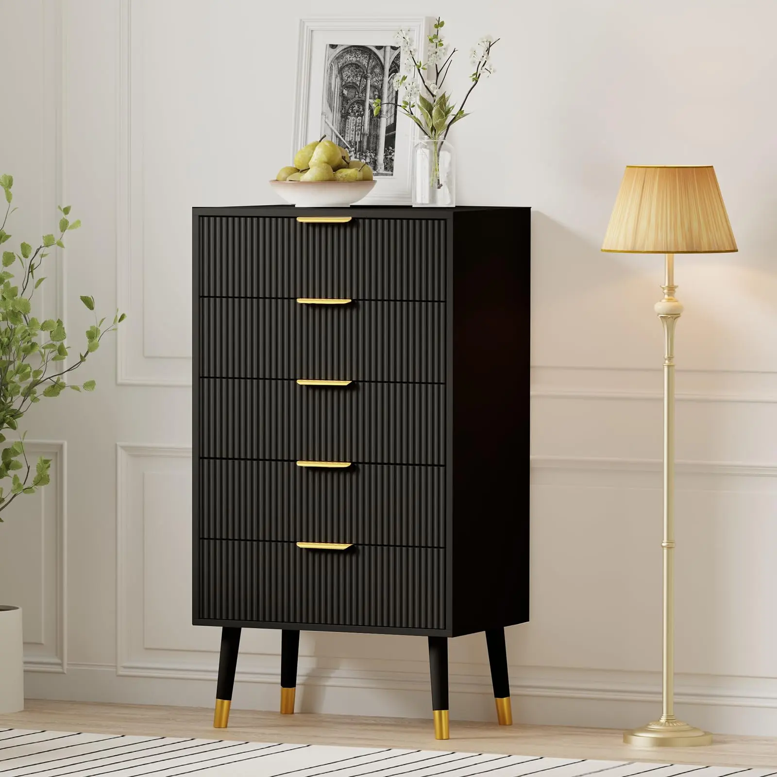 5 Drawer Chest of Drawers, Modern Fluted Dresser with Gold Handles and Feet, Wooden Storage Cabinet Modern Storage Cabinet for Bedroom Living Room Hallway