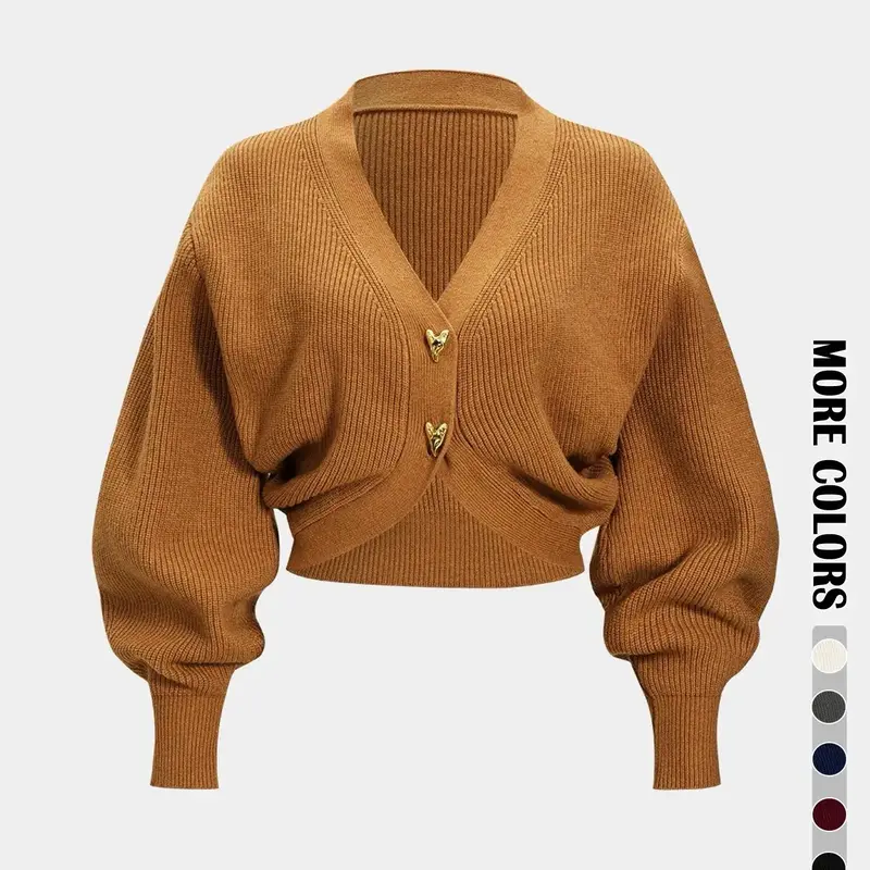 Women's Knit Cropped Cardigan, Deep V-Neck with Cinched Waist, Gold Buttons, Elegant Fall & Winter Sweater Knitwear