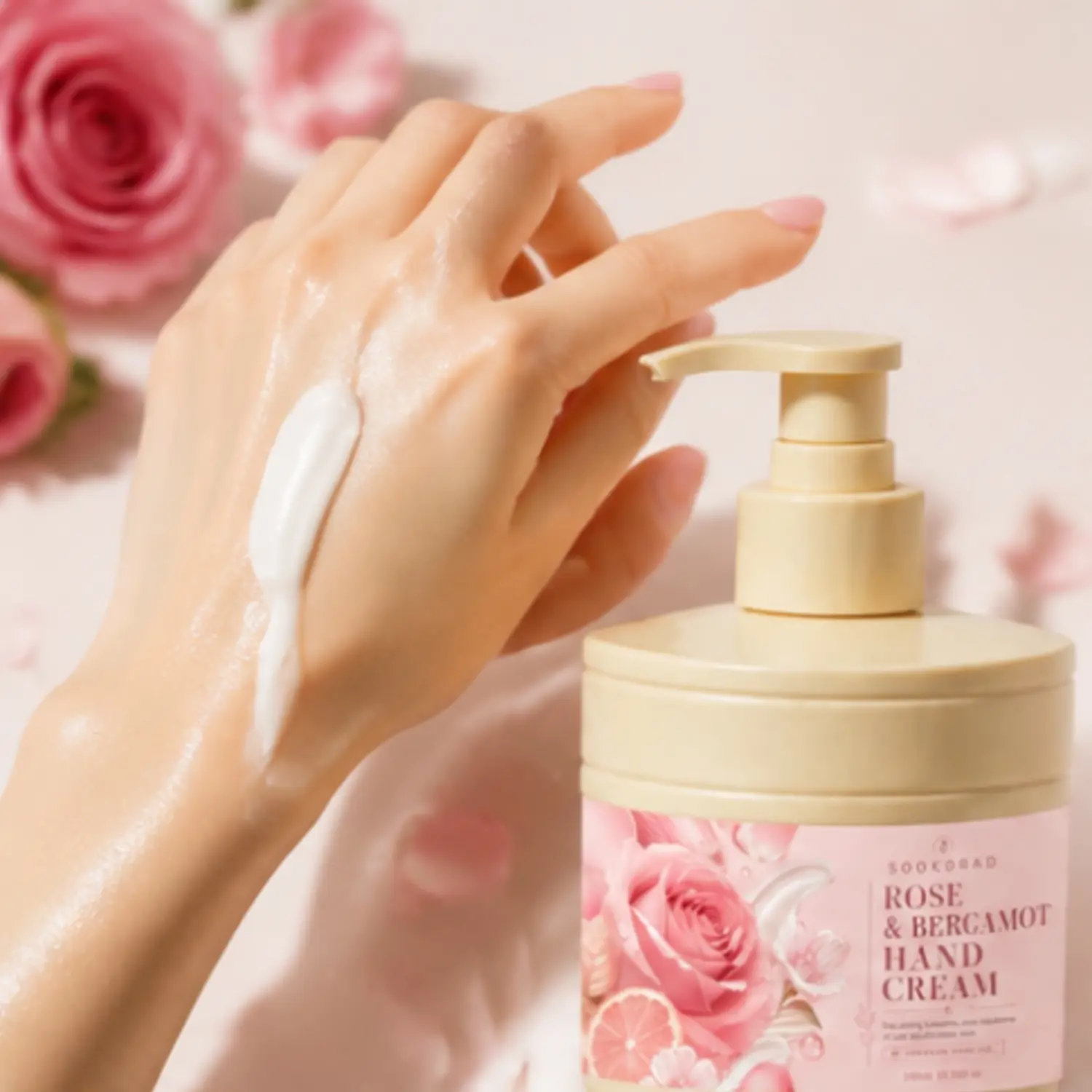 Rose and bergamot hand cream, nourishing hydration, contains macadamia oil, contains marshmallow root, hydrating hand care, 10.58fl oz, hand care, 300ml