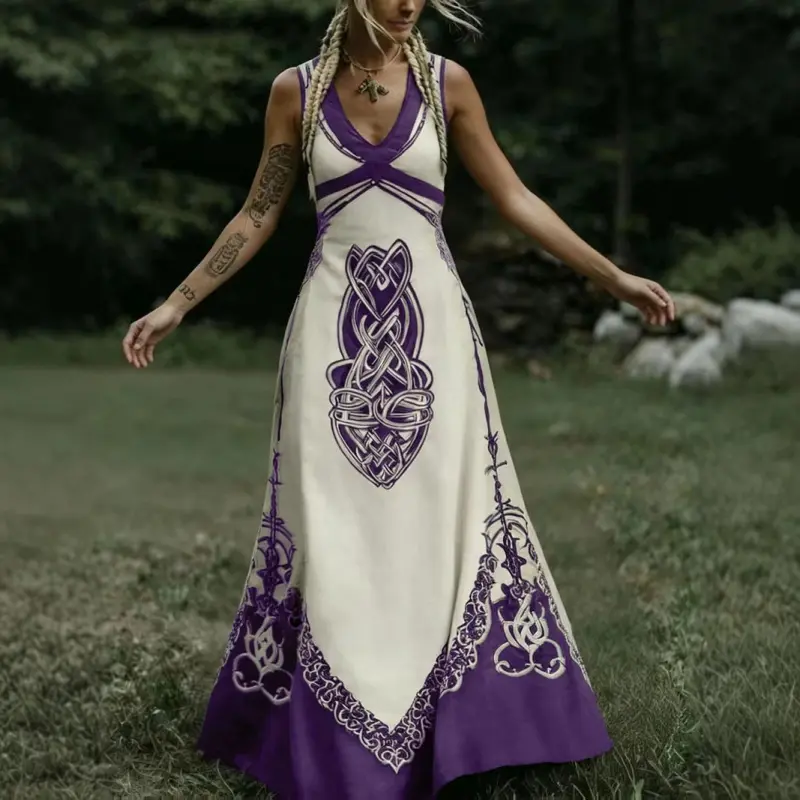 Vintage Celtic Knot Long Dress, Boho Sleeveless V Neck Gown, Loose-Fitting All over Print, Larp Renaissance Festival, Bohemian
