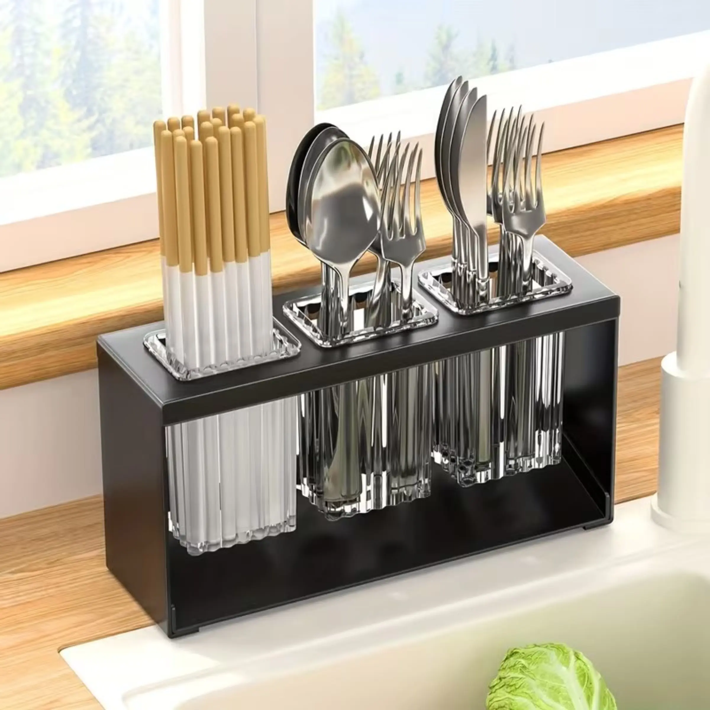 Multi-Functional Countertop Drainage Storage Box, Kitchen Utensil Holder, Chopstick Container, Fork Spoon Organizer, Home Use