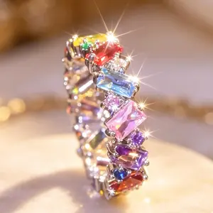 Rainbow Multi-Color  Eternity Band Ring, Promise Ring for GF, Colorful Statement Rings for Women, Stackable Pride Jewelry