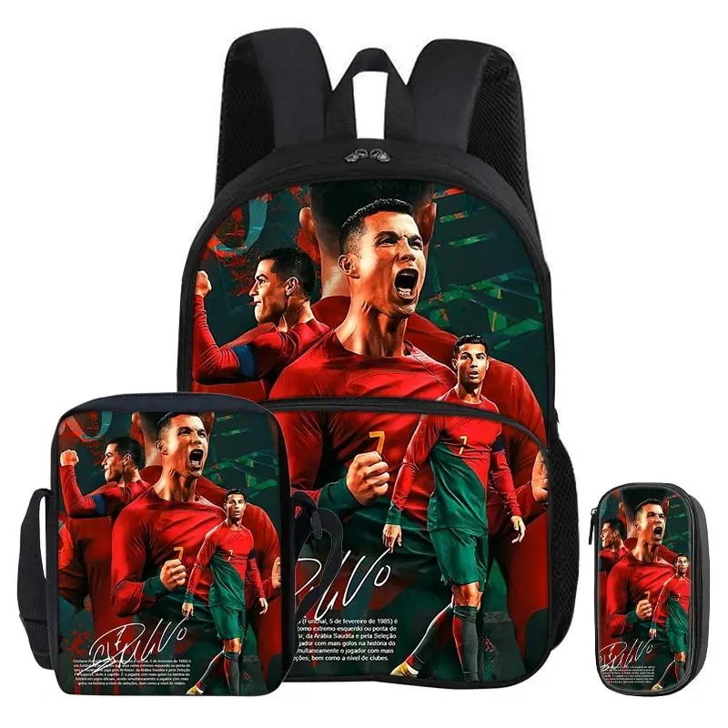 Ronaldo 3Pcs Set with Front Pocket Backpack Football Sport Shoulder Bag CR Football Star Pencil Bag Student School Bags Rucksack