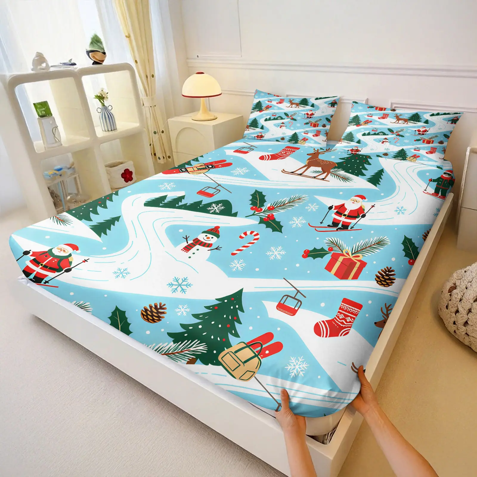 3Pcs Snow Ski Christmas Fitted Sheet Set, Snow Mountain Cable Car Reindeer Santa Pattern, Elastic Durable Household Bed Cover