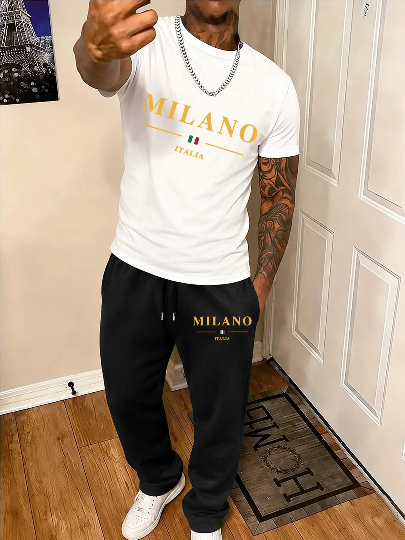 High Street Men's Matching 2 Piece Set - Milano Letter Print Crewneck Tee and Drawstring Sweatpants, Comfy Soft Athleisure Tracksuit for Urban Casual Daily Outfit