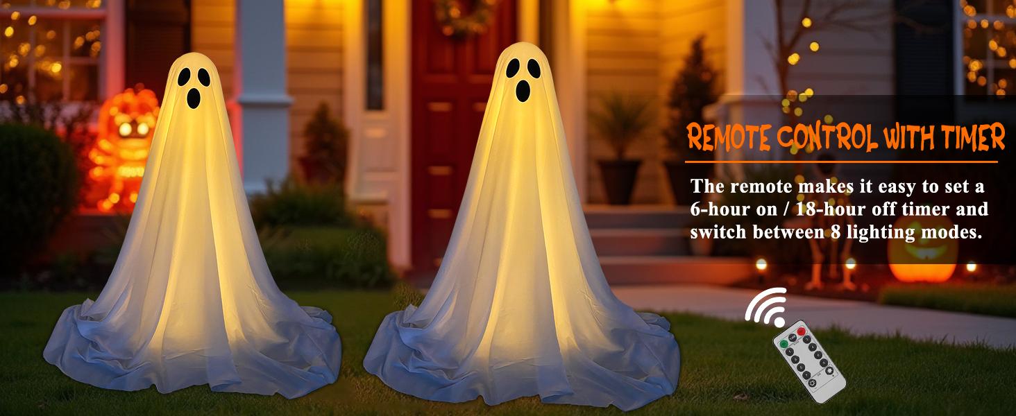 2Packs Halloween Decorations Outdoor, Spooky Halloween Ghost Decor with Remote String Lights Battery Operated, Easy to Assemble Ghost Decorations for Front Porch Yard