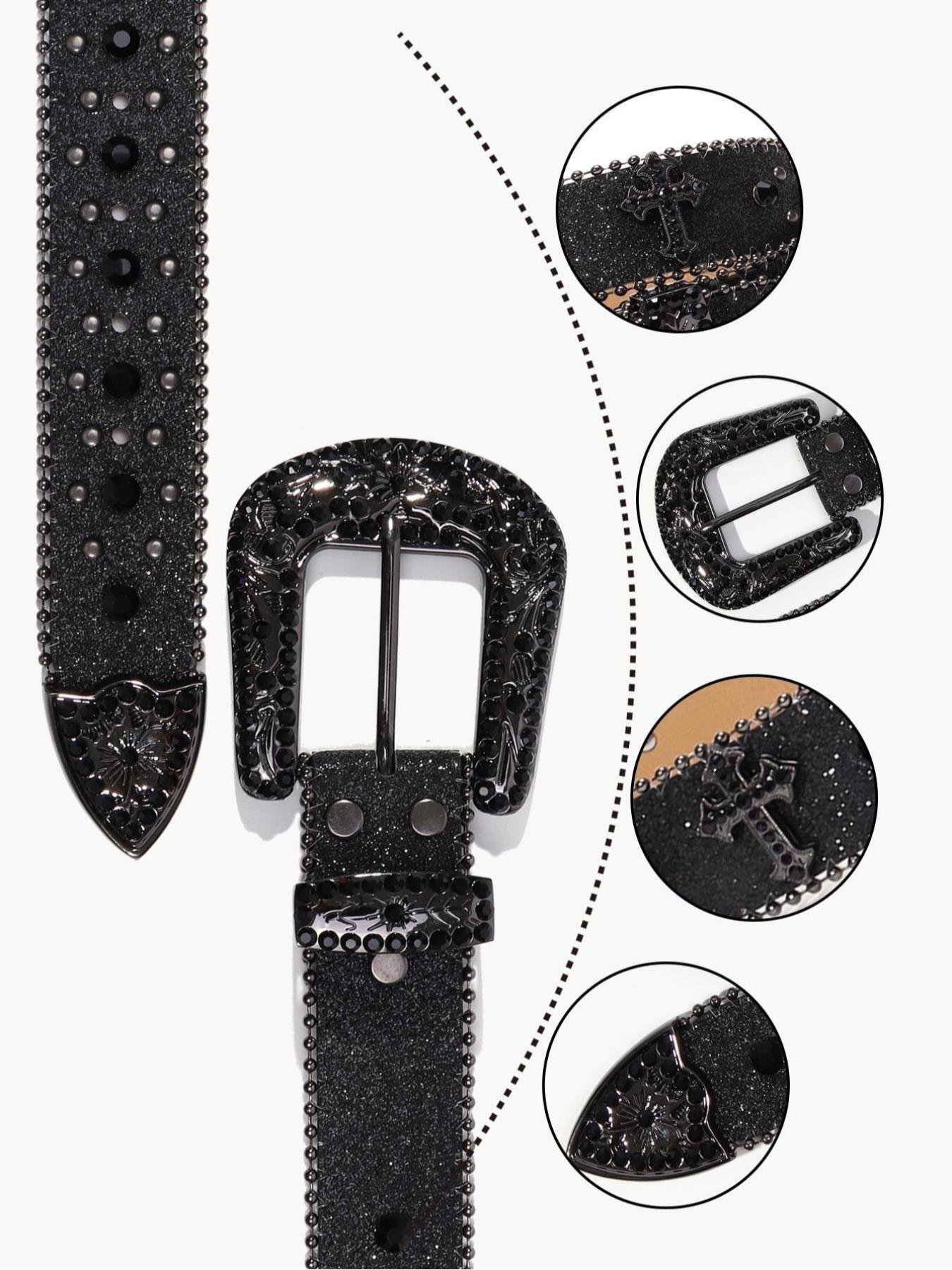 Punk Style Rhinestone Decorated PU Belt with Buckle, Fashion Cross Belt for Party, Daily Clothing Decor, Trendy Versatile & Exquisite Belt for Birthday Gift