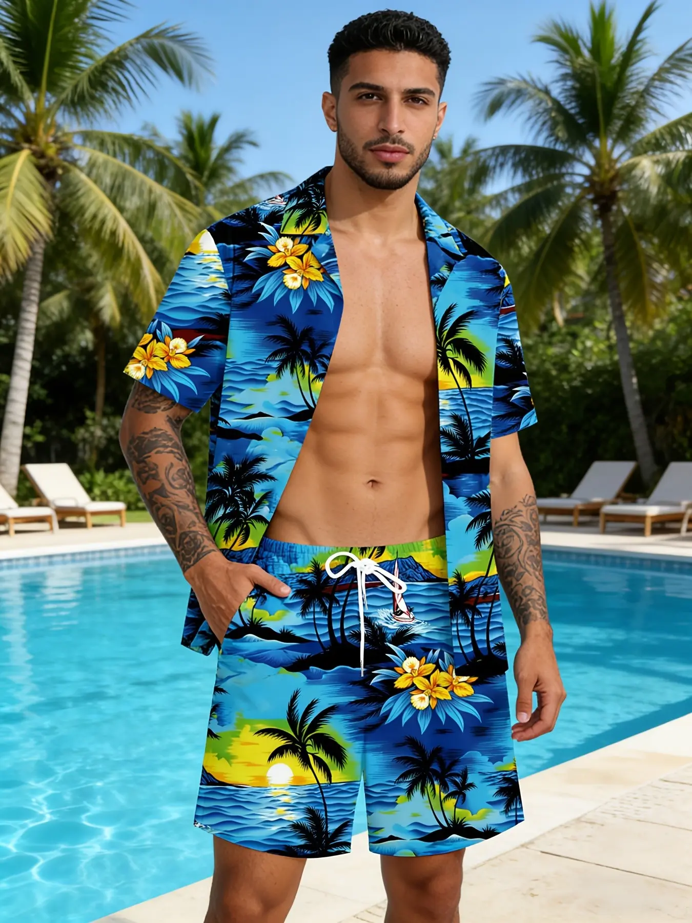 Men's Hawaiian Tropical Print Style Shirt and Drawstring Shorts Set, Soft Skin-Friendly Fabric for Vacation and Casual Wear, Available in Multiple Sizes