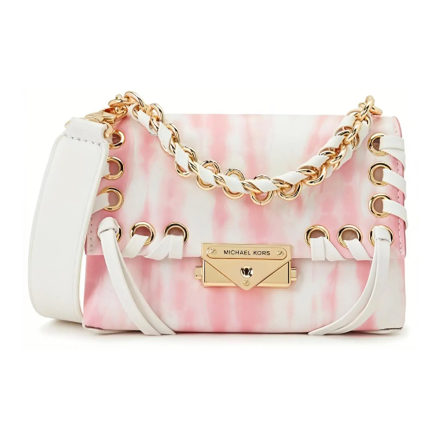 Michael Kors MK Cece Sling Bag for Women – Tie-Dye Calfskin Crossbody with Gold-Tone Clasp, Pink and White