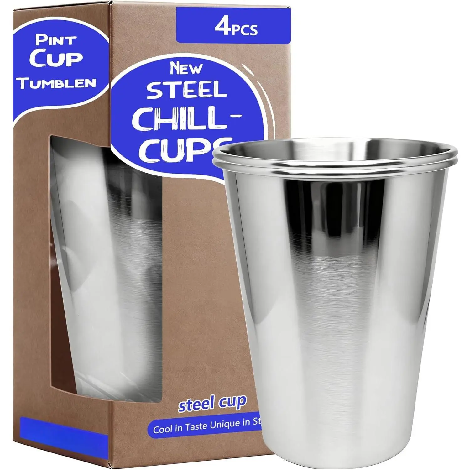 20oz 4 count Stainless Steel Pint Cups, metal Cups,Drinking | Pint Tumbler,Stainless Steel Water Tumbler,,Stackble,Durable,Unbreakable Metal Drinking Glasses for Bar,Banquet Mugs