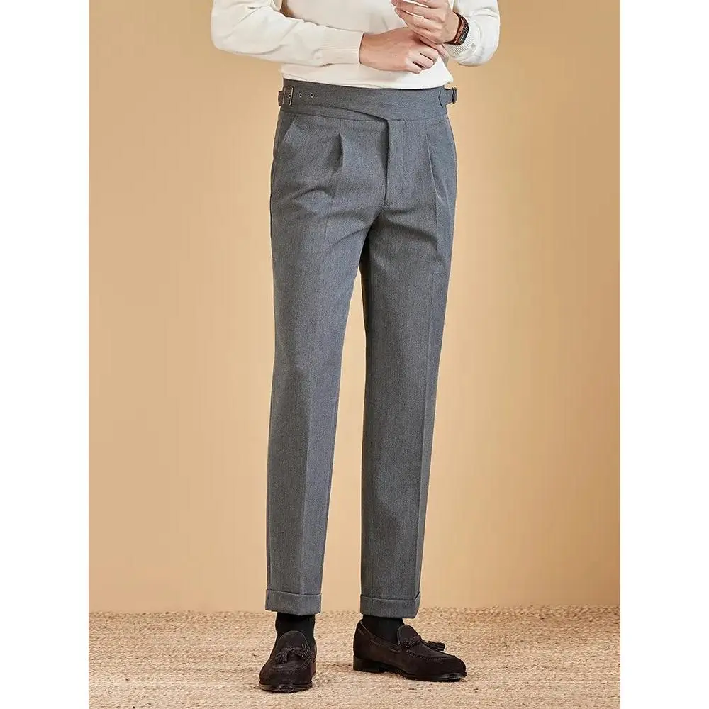 Men's Italian Naples Adjustable Buckle-Double Adjustable Waist Buckle Plain Double-Pleated Straight-Leg Pants, Navy Blue, Machine-Washable for Autumn-Winter Office Semi-Formal Business & Casual Lounge Wear, Casual Bohemian Trousers