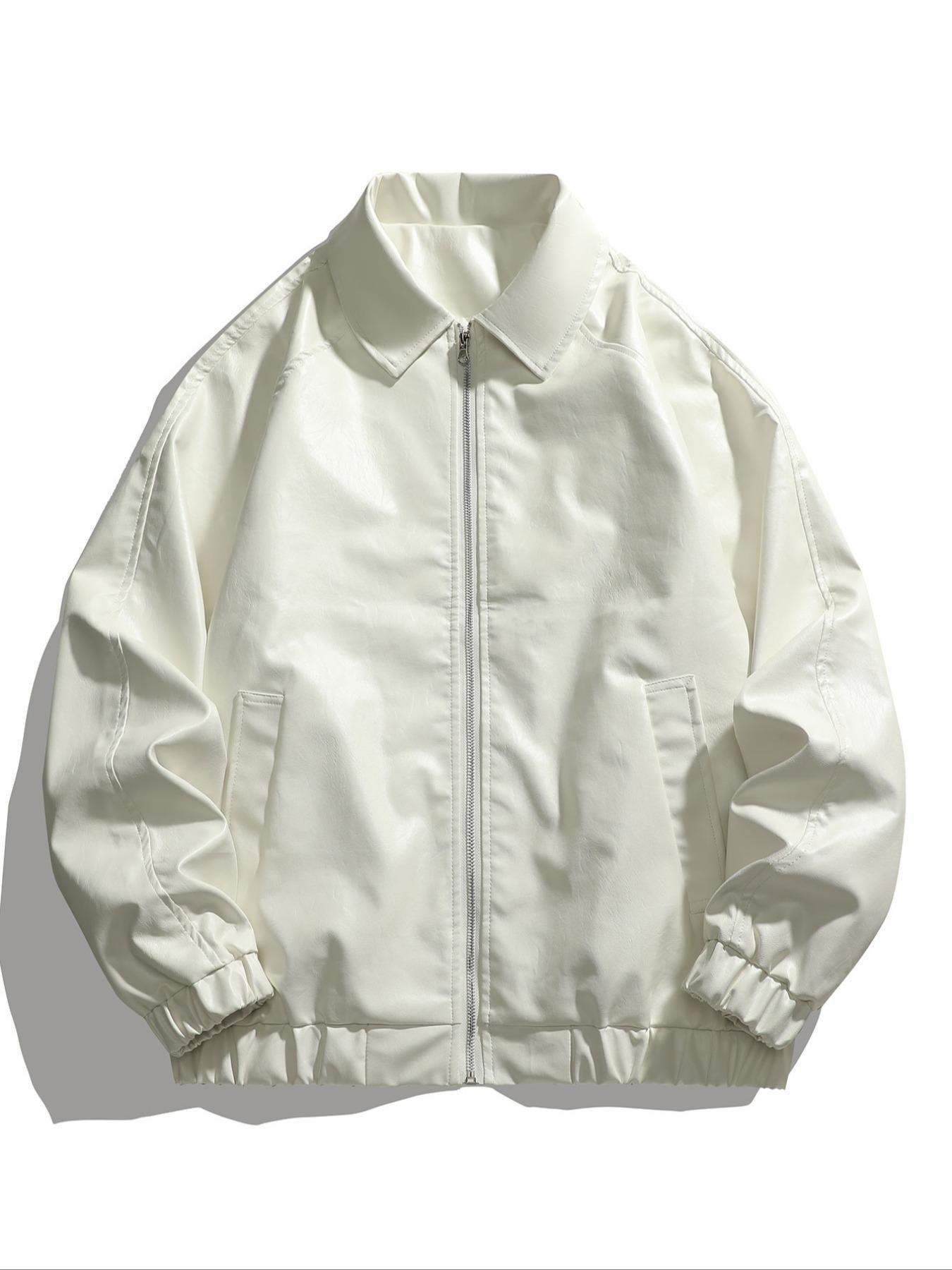 Men's Solid Color Pocket PU Leather Collared Jacket Coats, Regular Fit Casual Long Sleeve Zip Up Outerwear for Daily Wear, Men's Clothing for All Seasons