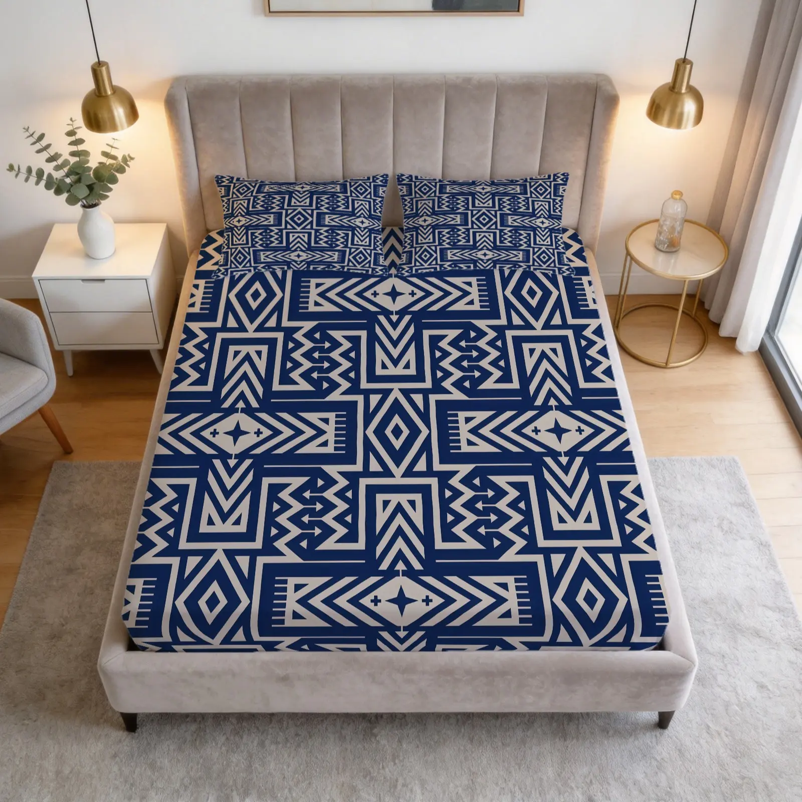 3-Piece Set Of Blue Bohemian Style Patterned Bed Sheets, Including 1 Bed Sheet And 2 Pillowcases (Excluding Pillow Core), Comfortable Bedding, Non Slip Suitable For Bedrooms, Suitable For Children And Teenagers As Gifts And Decorations