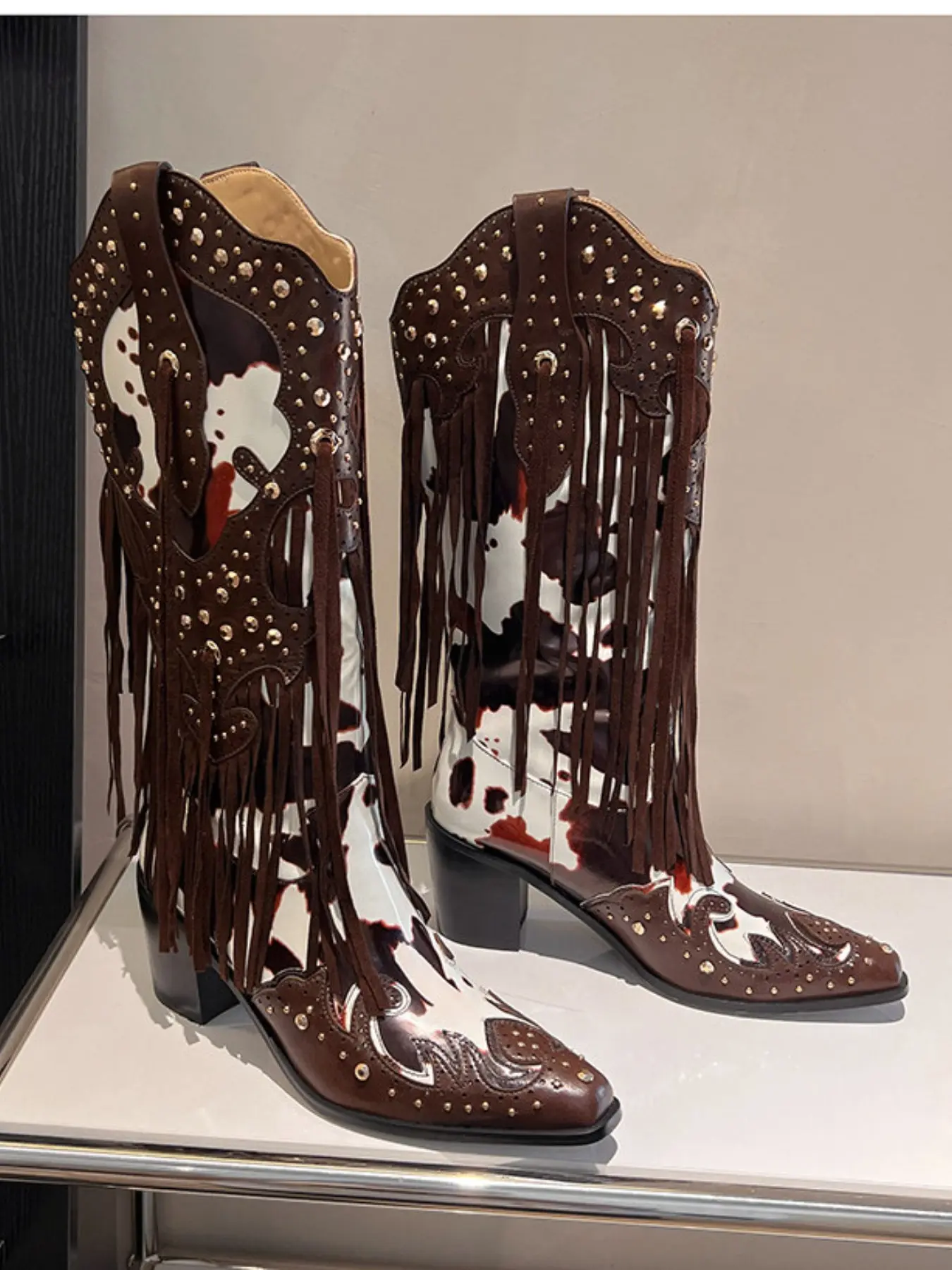 Wild West Fashion Edge Boots, Vintage Pointed Toe Thick Rubber Sole Western Cowboy Shoes, Retro Western Riding Performance Knee High Boots, Perfect for Country Concerts