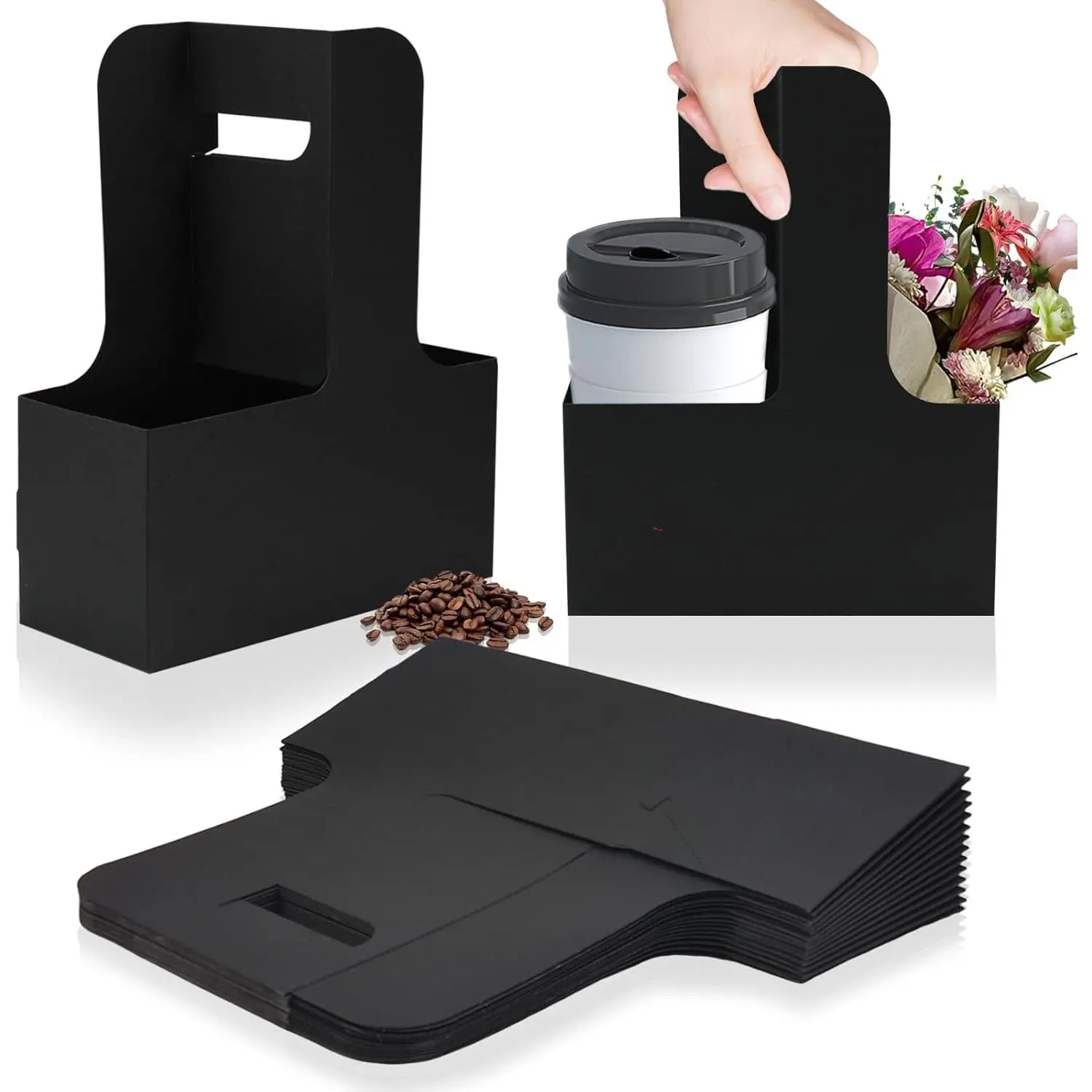 2 Cup Disposable Drink Carrier for Delivery with Handle,15 Count Black Paperboard Cup Holder,Cup Carriers for Hot or Cold Drinks,Coffee Carrier,  Delivery,Take Out Cup Carriers (Black, 15 count)
