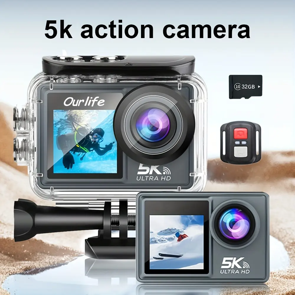 Touchscreen Sports Camera 5k30fps 50mp, Remote Control, 32GB Storage Card, Wide Angle Lens, Underwater Video, Surfing Skiing Photography, Action Camera
