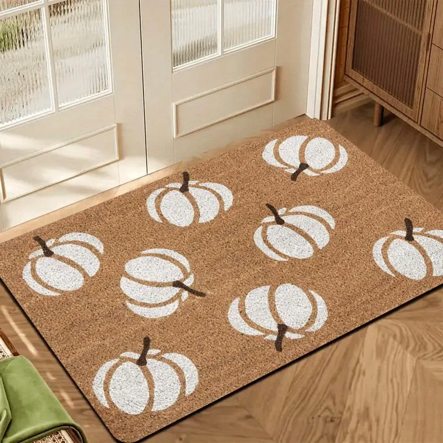Flannel Floor Mat New1pc Heavy-Duty Pumpkin Doormat - Beige & Brown Non-Slip Indoor/Outdoor Mat With White Speckled Pumpkin Design, Washable Polyester Mat For Entryway, Patio, Bathroom, Kitchen, Pet-Friendly Fall Home Decor (Seasonal & Year-Round Use), Ba