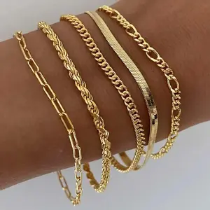 Women's Greenish Spring Bracelets Set - Trendy Thin Dainty Stackable Cuban Link Paperclip Chain Jewelry Pack, Fashion Minimalist Accessories Gift for Her, Bracelets for Women