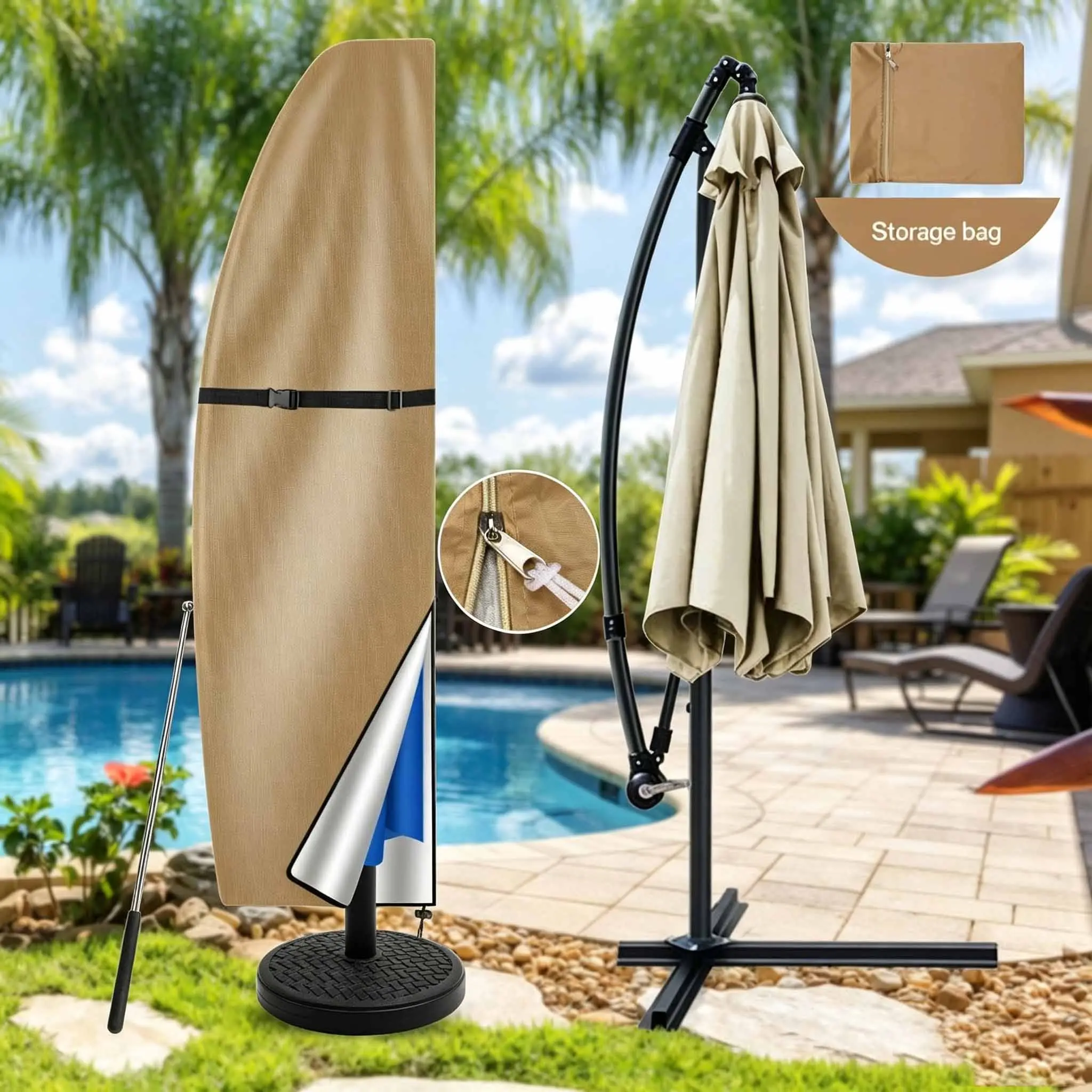 Cantilever Patio Umbrella Cover, Waterproof Heavy-Duty Offset Banana Parasol Protector, Includes Telescopic Pole & Storage Bag, Windproof Dustproof