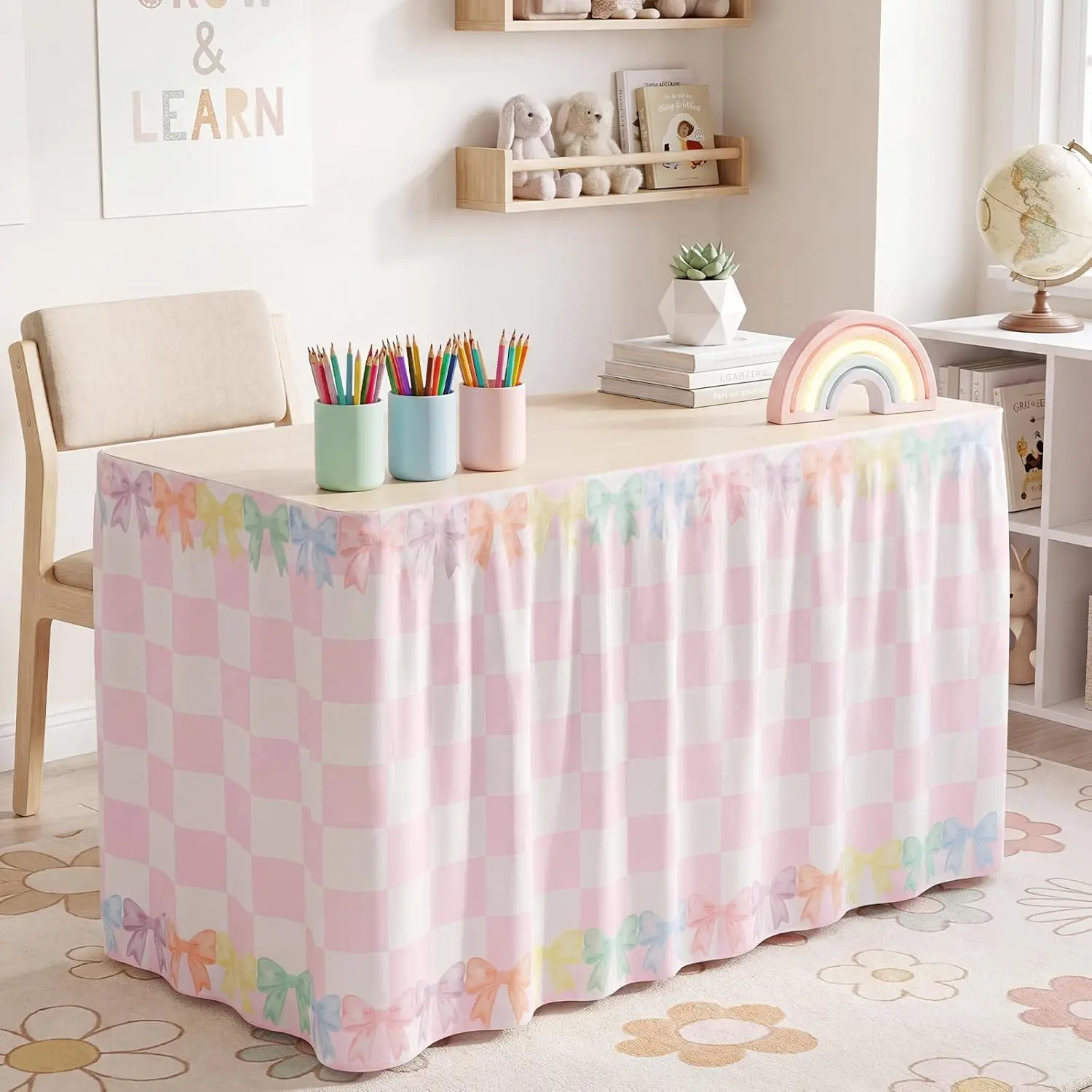 6 ft Teacher Desk Skirt for Classroom Pink and White Checkered with Pastel Bow Table Skirt 72 x 30 Inches Rectangle Classroom Table Cover with Hook Loop Tape for Teacher School Office Decor