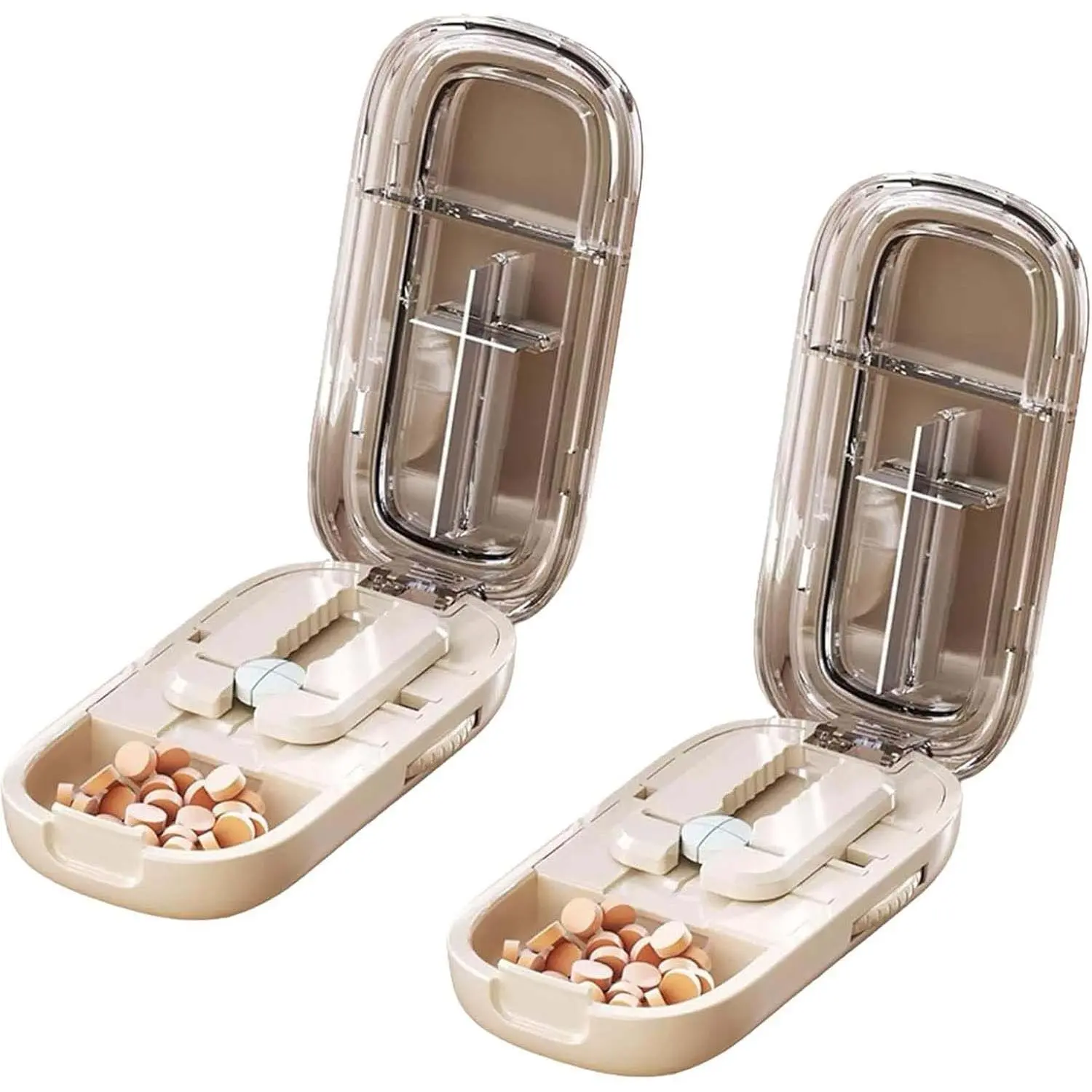 Portable Pill Cutter, Pill Cutter Pro Professional Splitter, Adjustable 1/2 1/4 Pills Cutters Splitter for Small or Large Pills, with Stainless Steel Blades and Centering Guide Tablet(Beige*2)