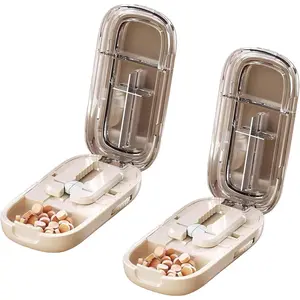 Portable Pill Cutter, Pill Cutter Pro Professional Splitter, Adjustable 1/2 1/4 Pills Cutters Splitter for Small or Large Pills, with Stainless Steel Blades and Centering Guide Tablet(Beige*2)