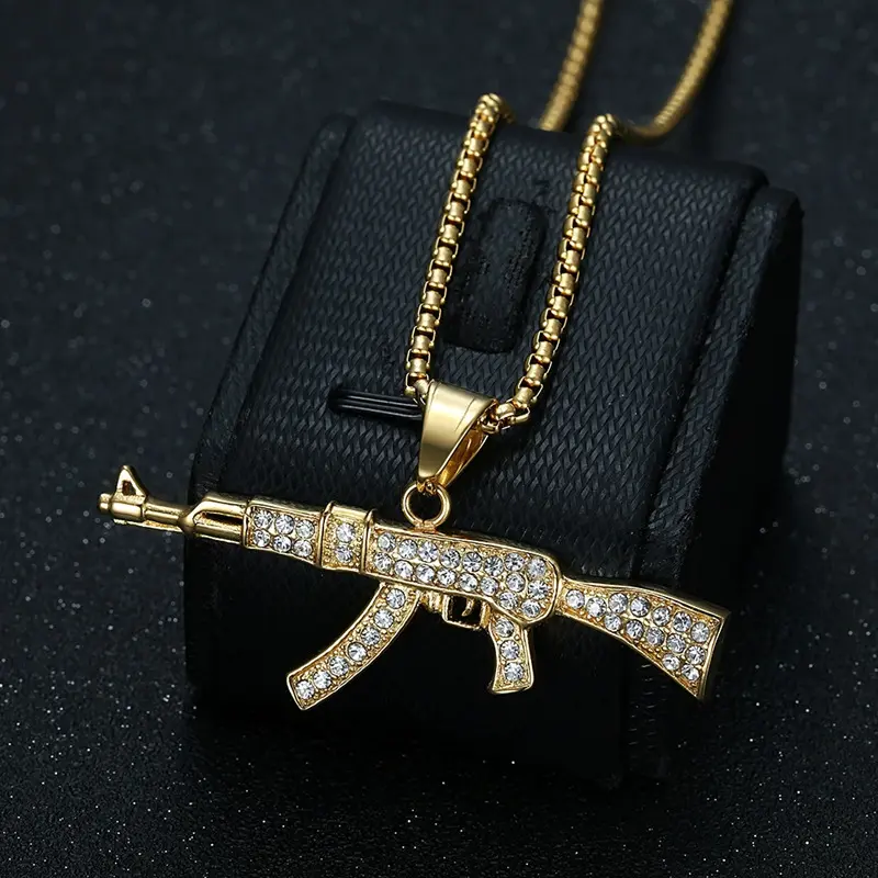 European Hip-Hop Jewelry Set, Stainless Steel Plated with Rhinestones, Ak47 Pendant Necklace, Separate Pendant and Chain