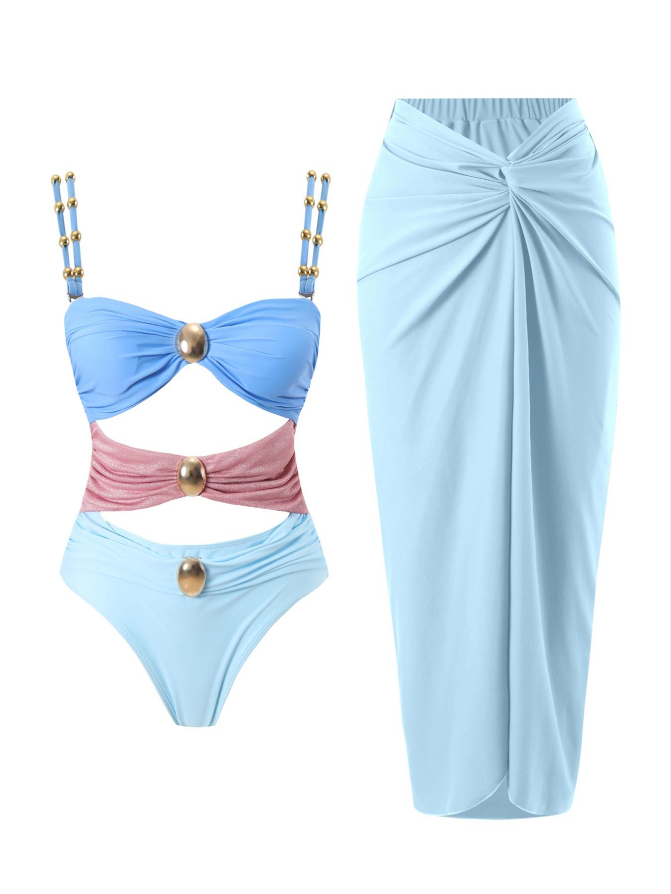 Women's Cut Out Ruched One-piece Swimsuit & Knot Side Cover Up Skirt Set, Solid Sleeveless Swim Top & Cover Up Skirt, Ladies Swimsuit for Beach Holiday Vacation, Swimsuit Cover Ups