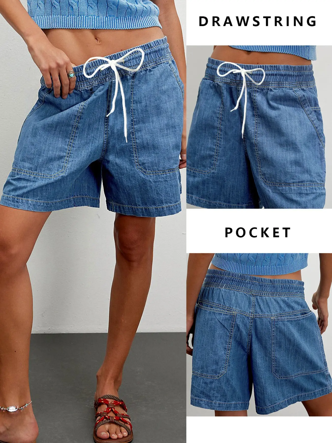 Women's Low Waist Adjustable Drawstring Denim Shorts, Extra Large Loose Fit, Non-Elastic Cotton, Casual Style, All Seasons, Solid Pattern, Denim Shorties