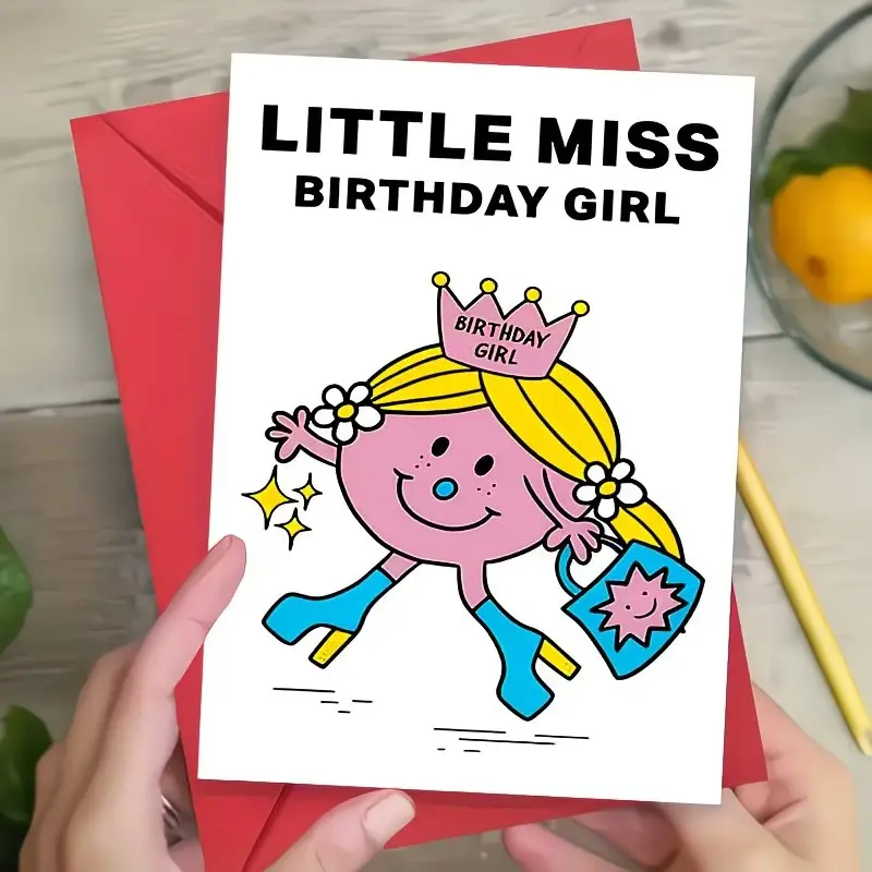 Birthday Card with Cute Cartoon Character, Background, Blonde Hair, Crown, Blue Overalls, Includes Envelope, Perfect for Holidays