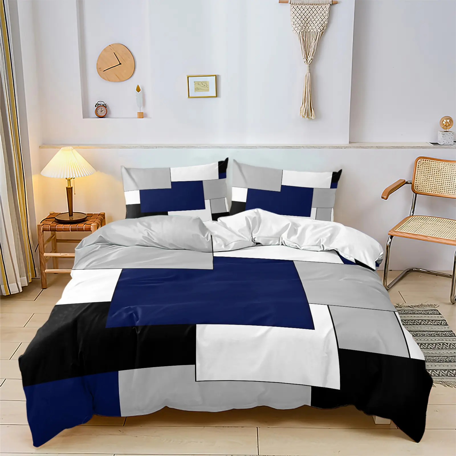 Retro Mondrian Navy Geometric Print Duvet Cover Set, Includes 1-2 Pillowcases, Soft Anti-Pilling Fabric, Minimalist Nordic Abstract Bedding, Geometric Men Bed Set, Minimalist Neutral Bedroom Decor, Abstract Art Lover Gift