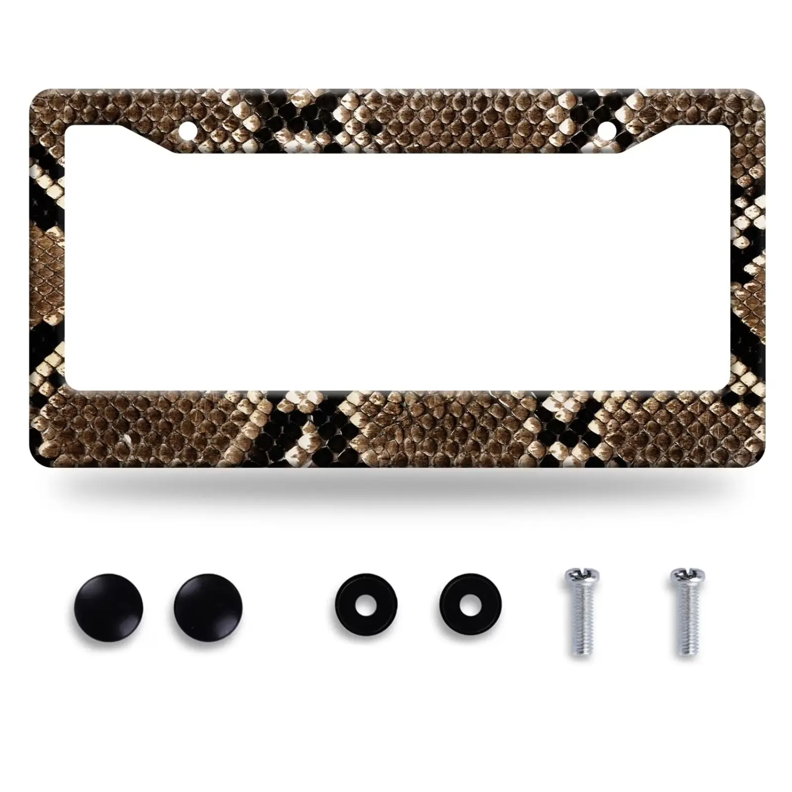 Exotic Snakeskin License Plate Frame, Realistic Brown Python Snake Skin Texture Car Tag Holder, Novelty Stainless Steel Wild Animal Auto Plate Covers for Front Rear Plates with Screws Caps