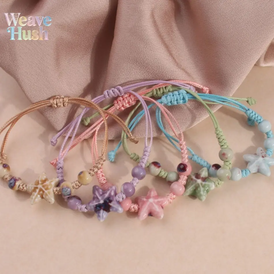 Unisex Handmade Ceramic Braided Rope Bracelet - Pentagram Stars, Starfish Motifs, Adjustable DIY Bag Accessory for Women, No/Blue, Blue + Pink, Green + Khaki Matching Pairs, Daily Wear Gift