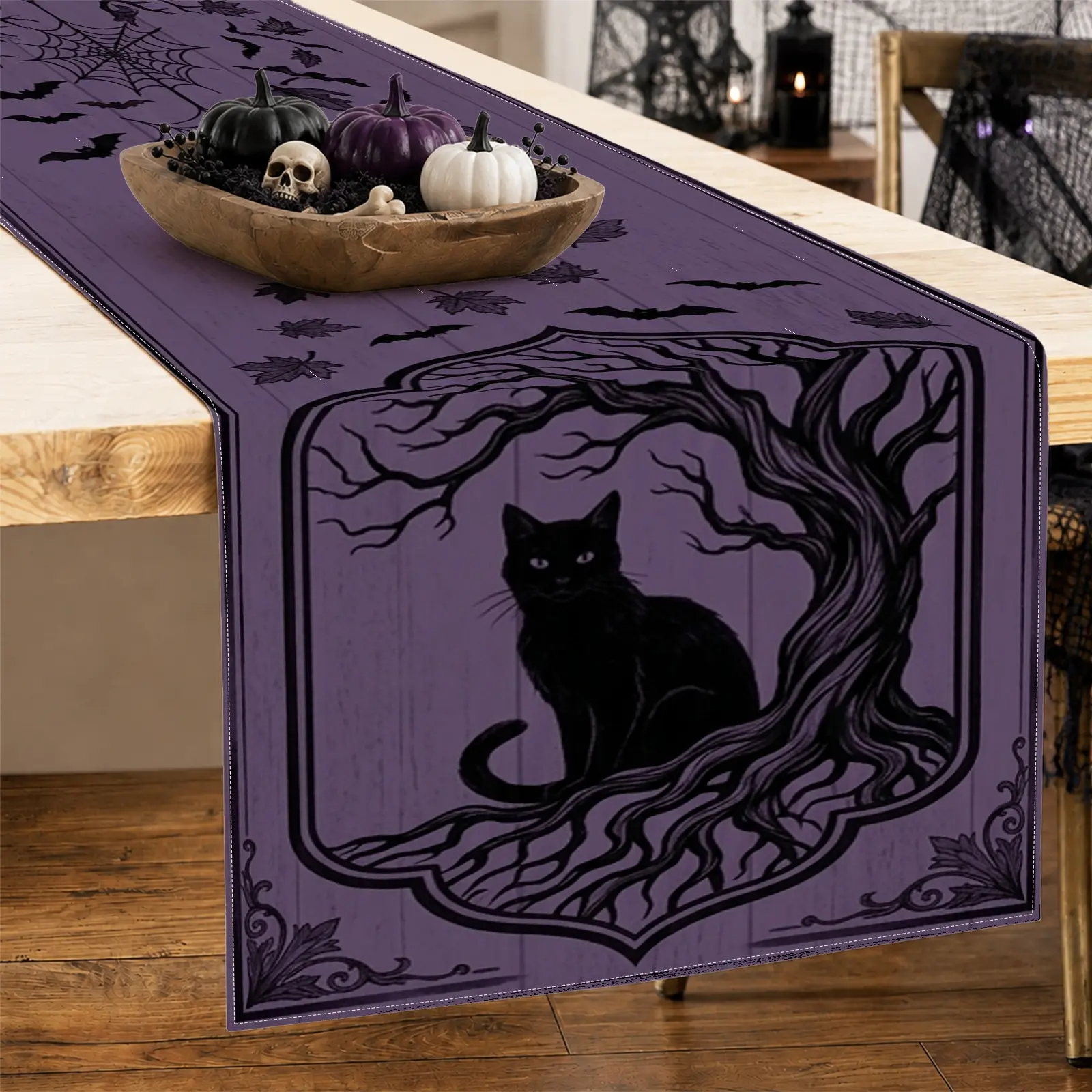 1pc Skull Cat Bats Table Runner, Gothic Halloween Style, Spiderweb Decorative Border, for Dining Table Halloween Party Home Decor Seasonal Table Decor