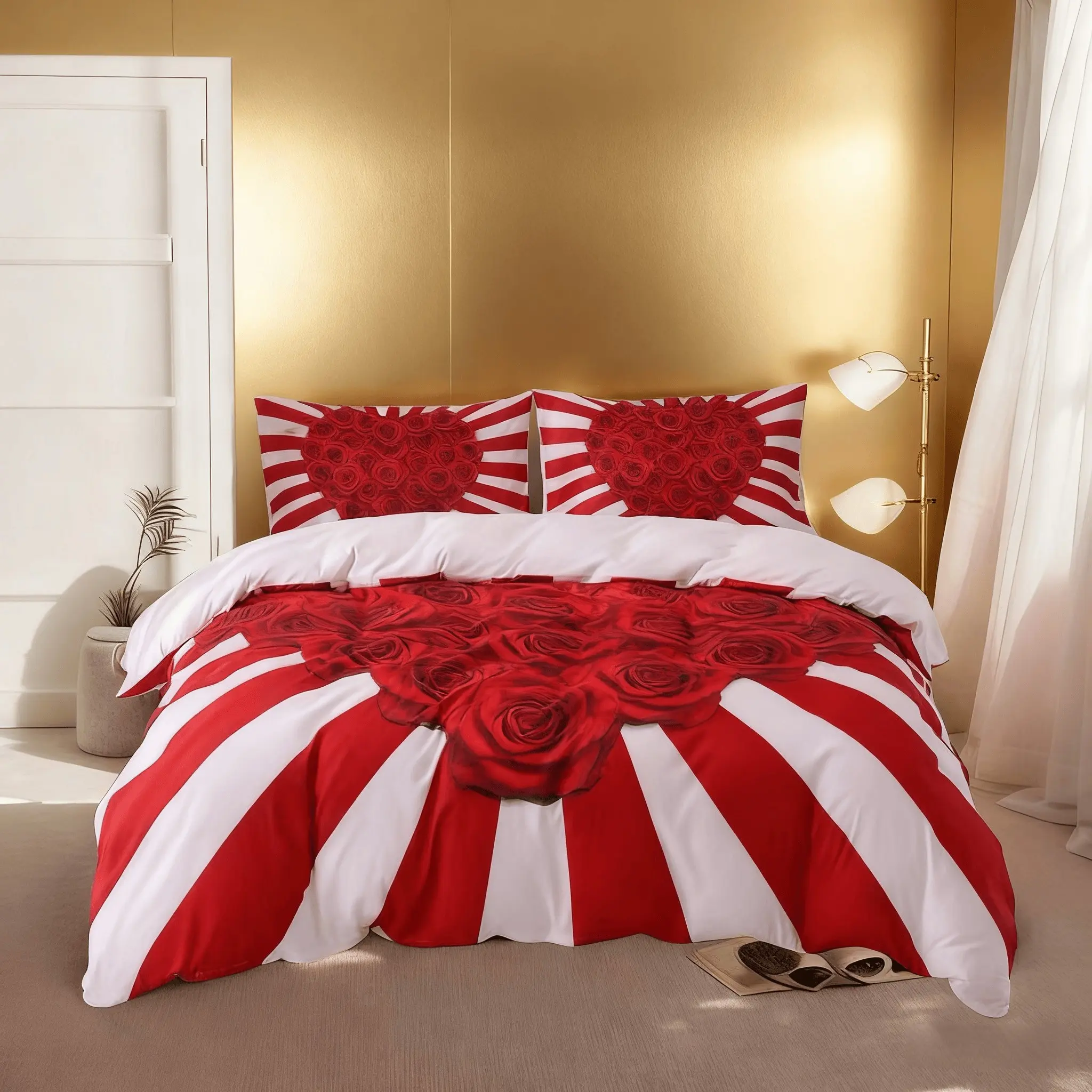 3 Piece Bedding Set with Heart Rose Print, Includes 1 Duvet Cover No Comforter and 2 Pillowcases No Pillow Insert, Ideal for Bedroom, Guest Room, Luxury Suite, Villa Decor