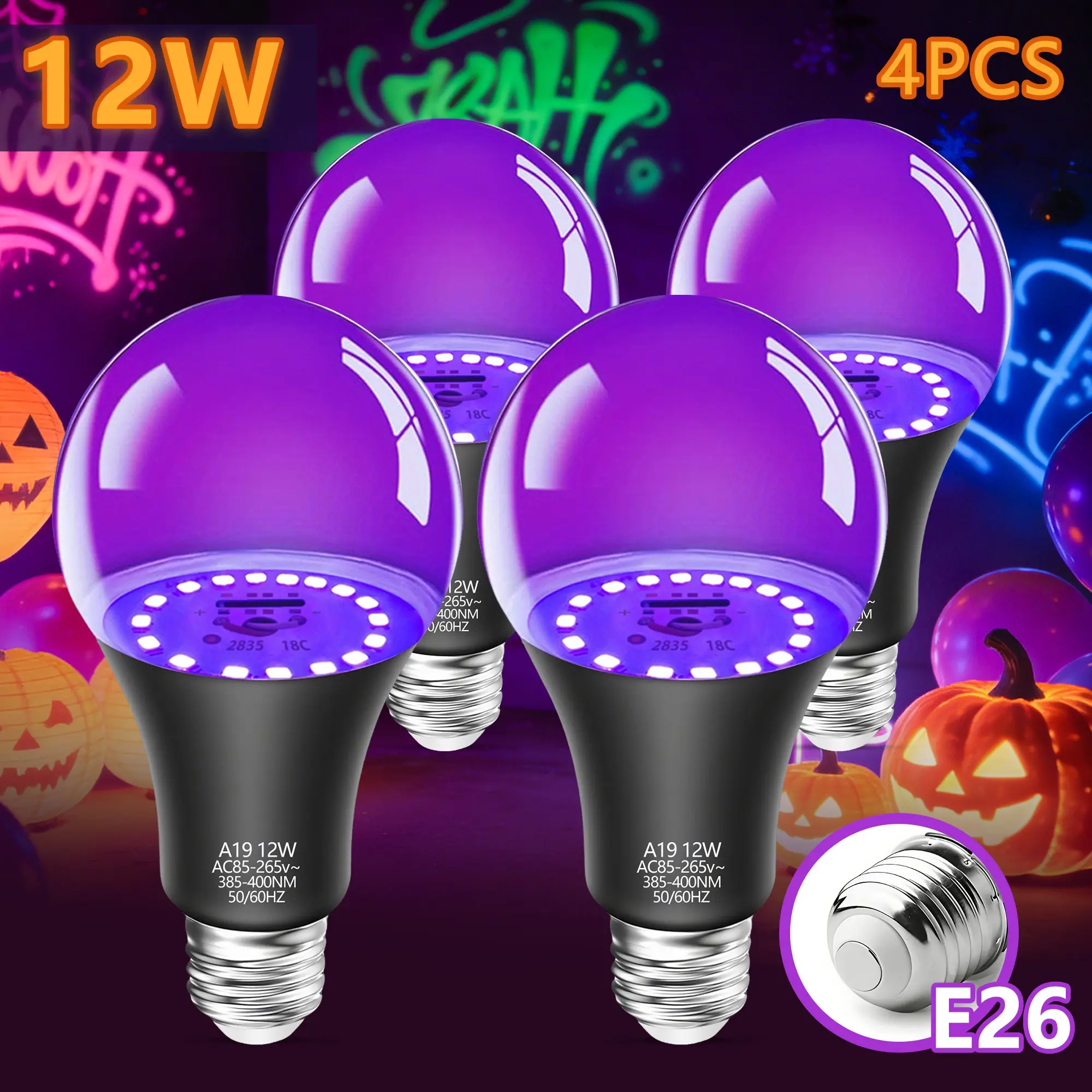 Kasotile LED Blacklight Bulb 12w A19, High Brightness LED, Ideal for Body Painting, Fluorescent Posters, Neon Parties, Blacklight Events, Led Light Bulbs