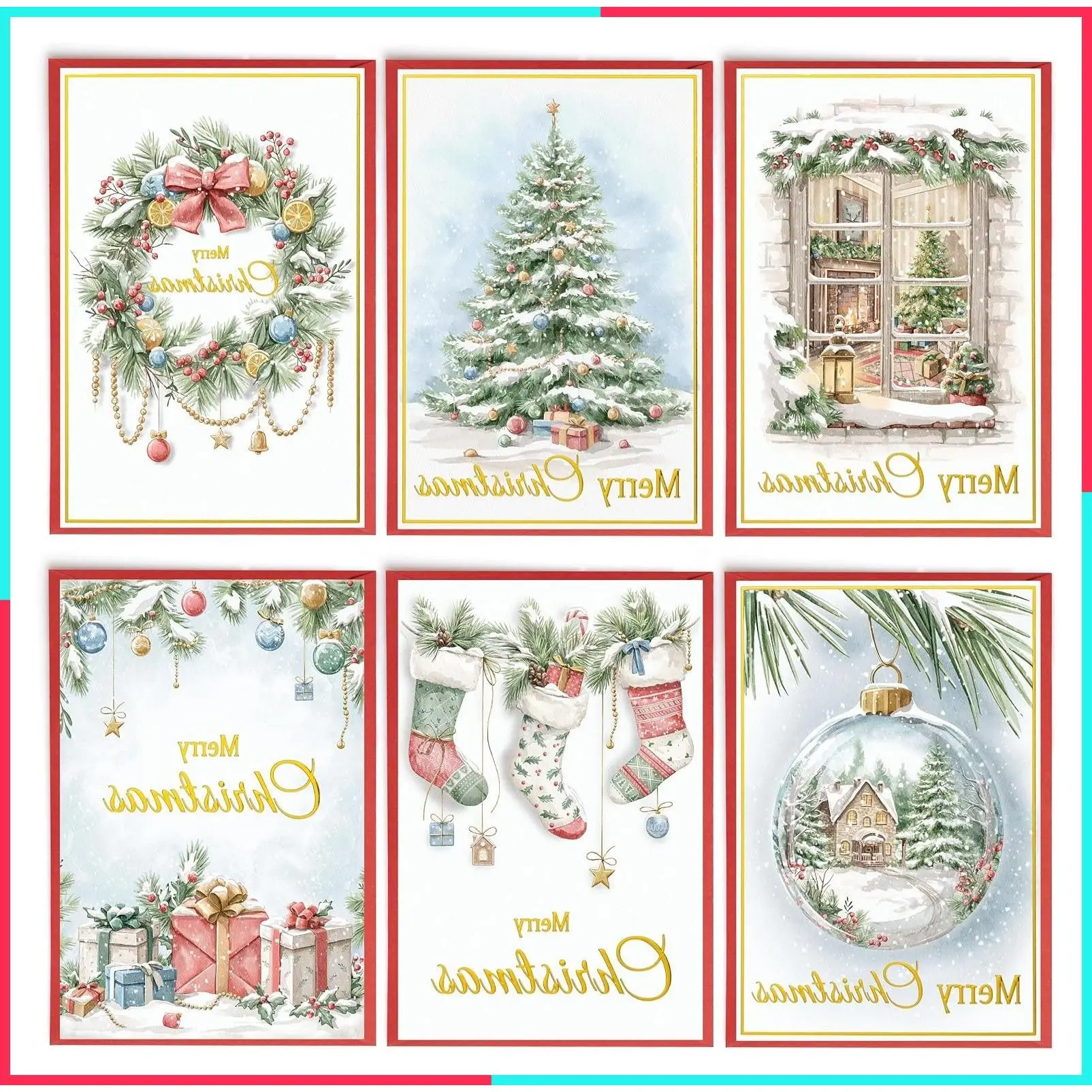 Christmas Cards Assortment, Festive Gold Foil Glitter Watercolor Bulk Xmas Cards with Envelopes & Messages - 6 Patterns, 4 3/4" x 7" for Friends, Family, Kids, Boys & Girls