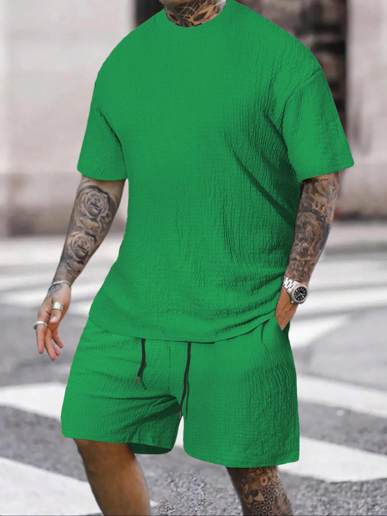 Men's Solid Textured Round Neck Tee & Drawstring Waist Shorts Pyjama Set, Short Sleeve Top & Shorts Set, Casual Comfy Men's Sleepwear & Loungewear, Menswear, Pajama Set