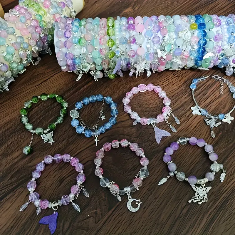 Women's Adjustable Elastic Stretch Bangle with Butterfly Charm & Glass Beads - 20/34pcs Random Colors, Elegant Casual Wear Valentine’s Gift Costume Jewelry, Adjustable Bangle, Charm Bracelets, Bracelet Stacking, 20Pcs Mix, Elegant Fashion, Resin, Zinc All