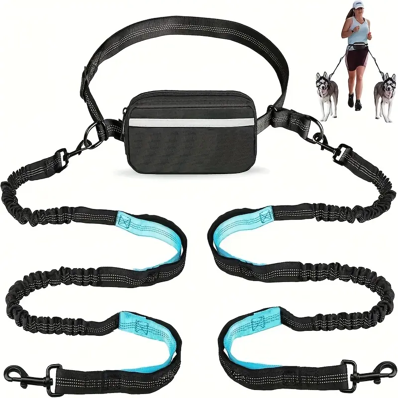 Hands-Free Dog Leash with Waist Belt & Dual Handles, Elastic Bungee Running Leash for Medium Large Dogs, Reflective Pet Lead for Walking Jogging Training