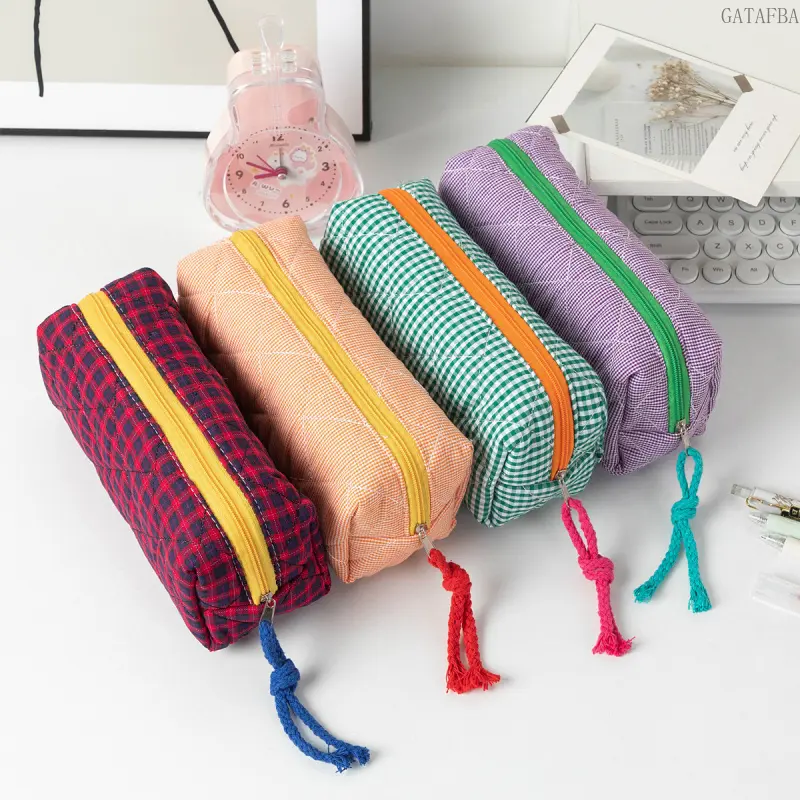 Large‑Capacity Color‑Block Plaid Stationery Pouch, Ins‑Style Portable Organizer for Cosmetics and Skincare, Desktop Storage Bag for Daily Use