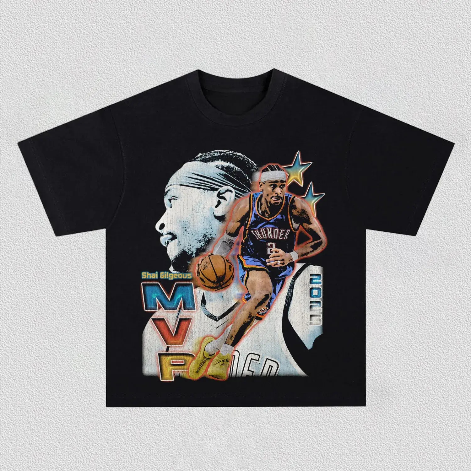 Vintage Bootleg Shai Gilgeous Thunder Double Portrait MVP Graphic Tee, Gradient Star Accent Retro Faded Print, Heavyweight Boxy Oversized Unisex Black Cotton T-Shirt, Basketball Streetwear For Fans Courtside Hip Hop Daily Outfits