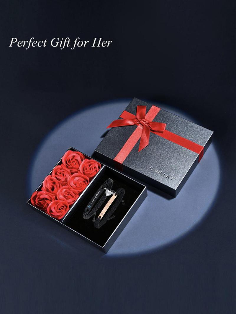 Braided Couple Matching Bracelet (2pcs/1 Set), Magnetic Heart & Letter Design Link Bracelet for Women & Men, Jewelry for Birthday Gift with Rose Box, Personalized Couples Bracelet, Adjustable Bracelets