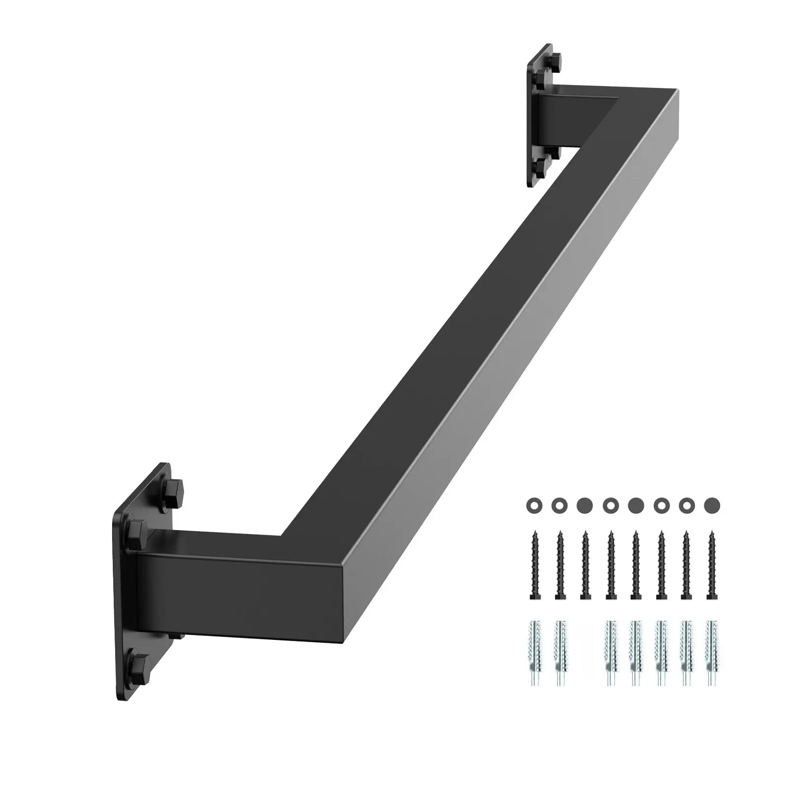 Industrial Wall-Mounted Stair Handrail, 900mm Height-Adjustable Length Black Carbon Steel, Heavy-Duty Square Tube, Slip-Resistant Secure Comfortable Grip, Robust Base Plate, Supports 250 lbs (113.4 kg) Weight, Home Improvement Building Supply, Metal