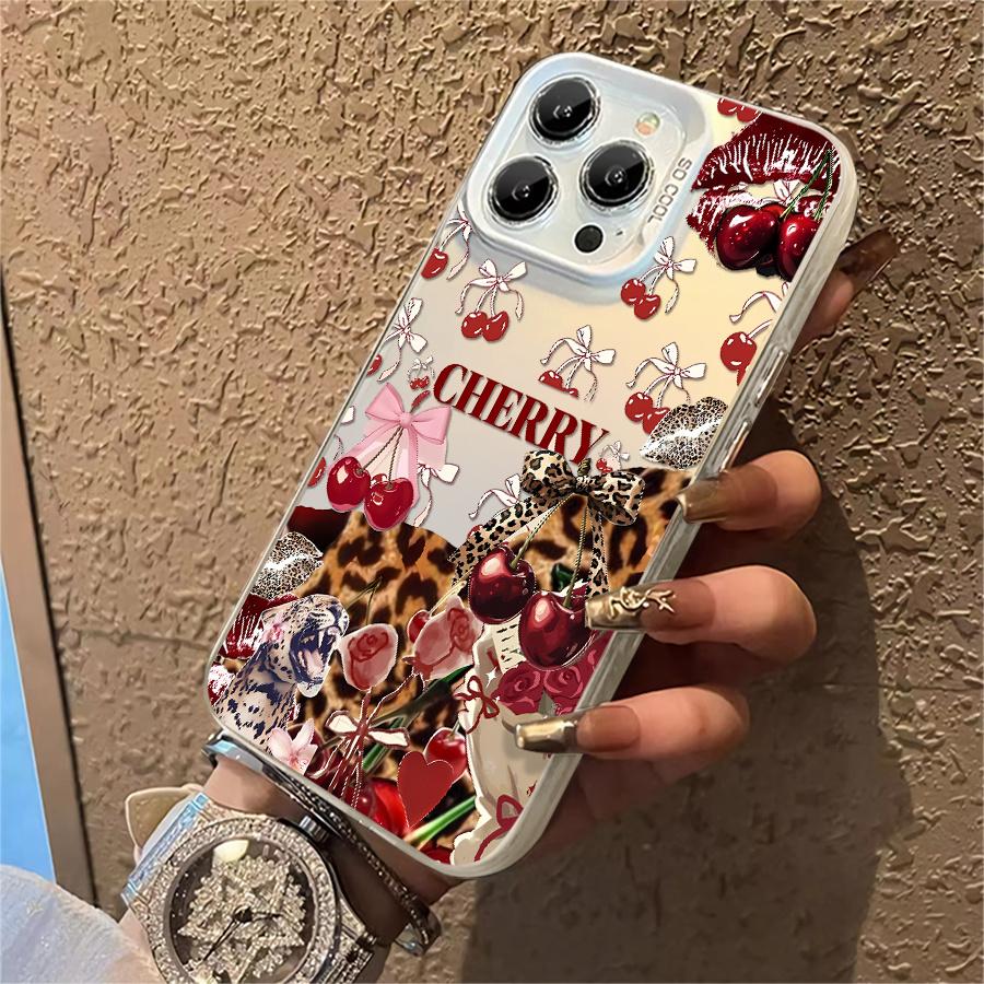 Cherry leopard print bow heart phone case, shockproof hard shell, featuring a vintage girl style design, ideal for gifting, suitable for iPhone 17/16/15/14/13/12/11/X/XS/XSMAX/XR/7P/8P/16E/17E